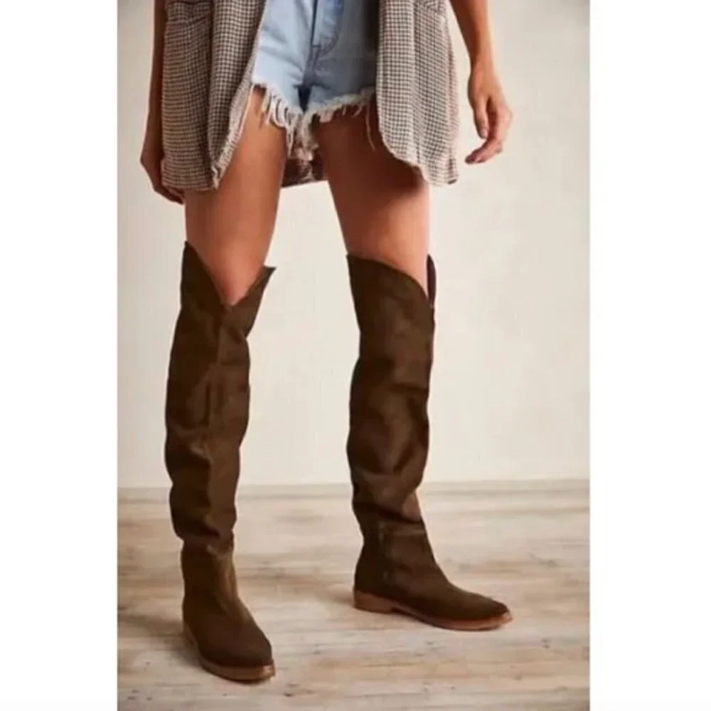 NEW Free People Khaki Green Suede Over The Knee Pointed Toe Boots